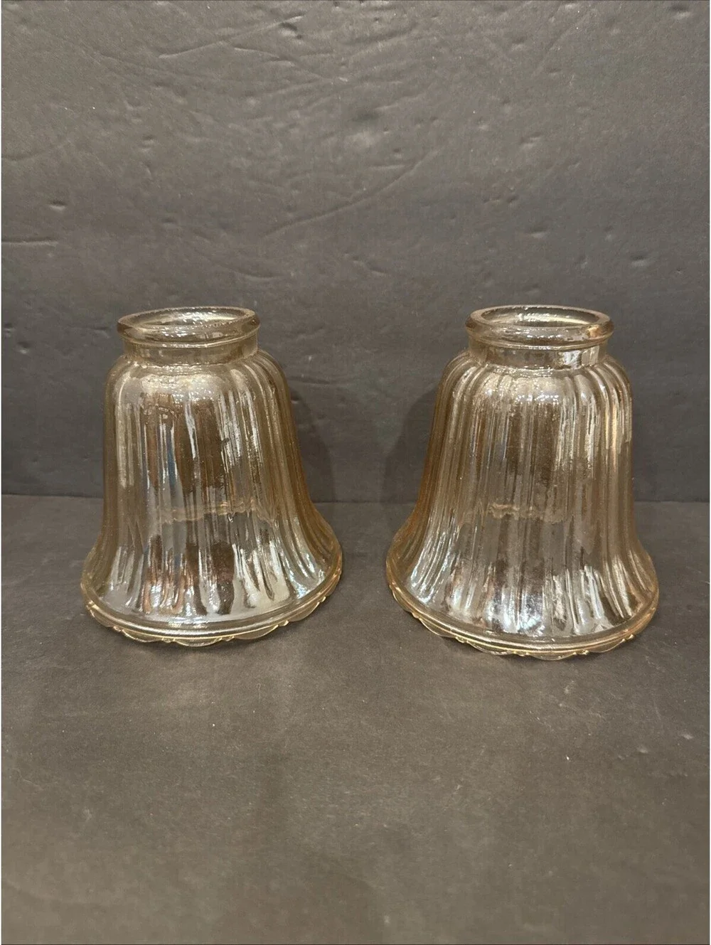 Vintage (2) Amber Glass Iridescent Lamp Light Shades Fluted Globes 2